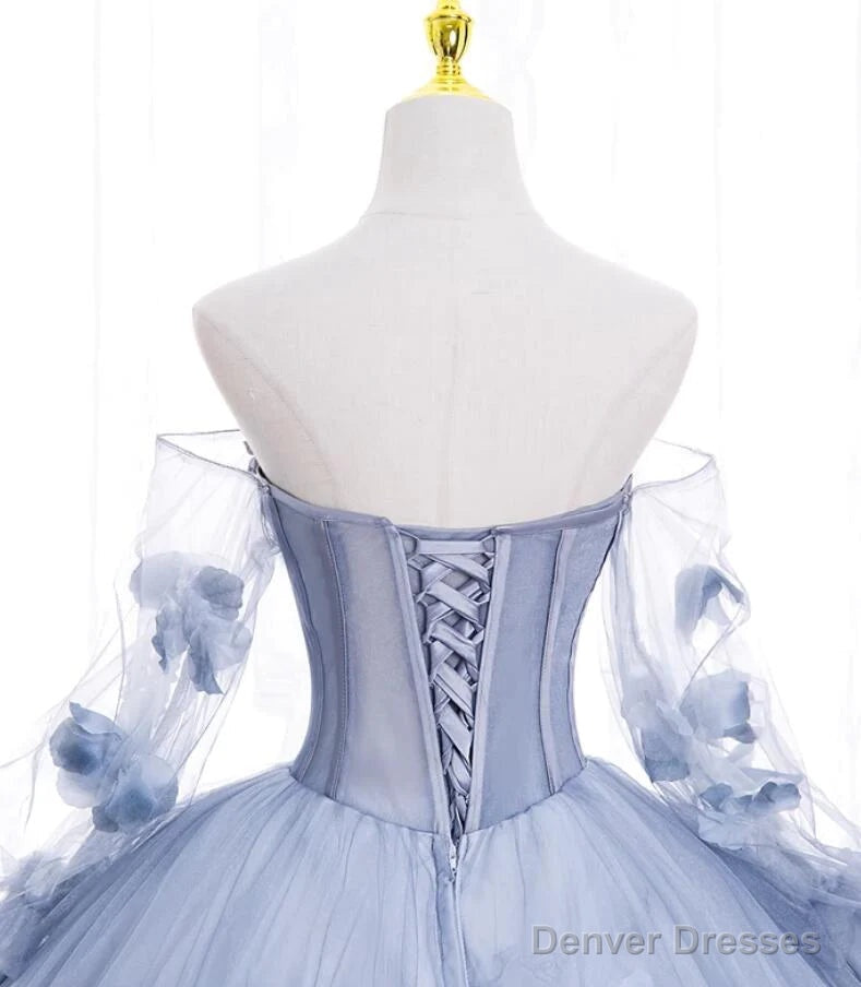Lovely Light Blue Tulle Long Sleeves Sweet 16 Dress, Light Blue Flowers Formal Dress.