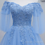 Lovely Light Blue With Lace Off Shoulder Short Prom Dress, Blue Homecoming Dress
