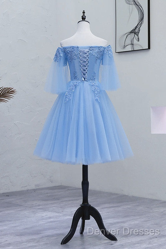 Lovely Light Blue With Lace Off Shoulder Short Prom Dress, Blue Homecoming Dress