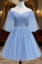 Lovely Light Blue With Lace Off Shoulder Short Prom Dress, Blue Homecoming Dress
