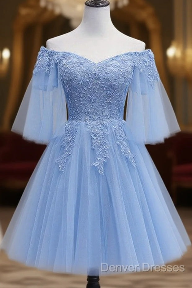 Lovely Light Blue With Lace Off Shoulder Short Prom Dress, Blue Homecoming Dress