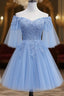 Lovely Light Blue With Lace Off Shoulder Short Prom Dress, Blue Homecoming Dress