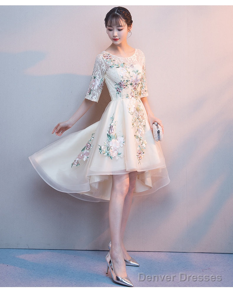 Lovely Light Champagne Tulle With Lace Applique Short Sleeves Party Dresses, High Low Homecoming Dresses