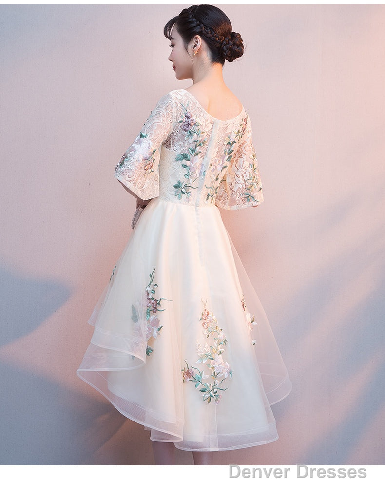 Lovely Light Champagne Tulle With Lace Applique Short Sleeves Party Dresses, High Low Homecoming Dresses