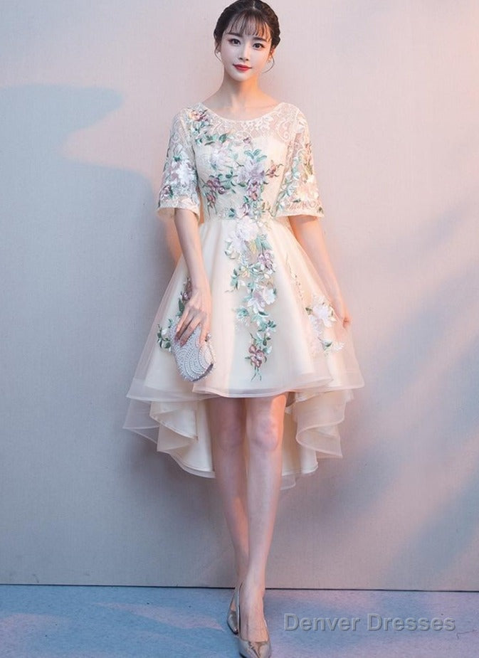 Lovely Light Champagne Tulle With Lace Applique Short Sleeves Party Dresses, High Low Homecoming Dresses Main image