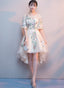 Lovely Light Champagne Tulle With Lace Applique Short Sleeves Party Dresses, High Low Homecoming Dresses