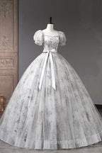 Lovely Light Grey Tulle Sequins Long Prom Dress, A-Line Grey Evening Party Dress