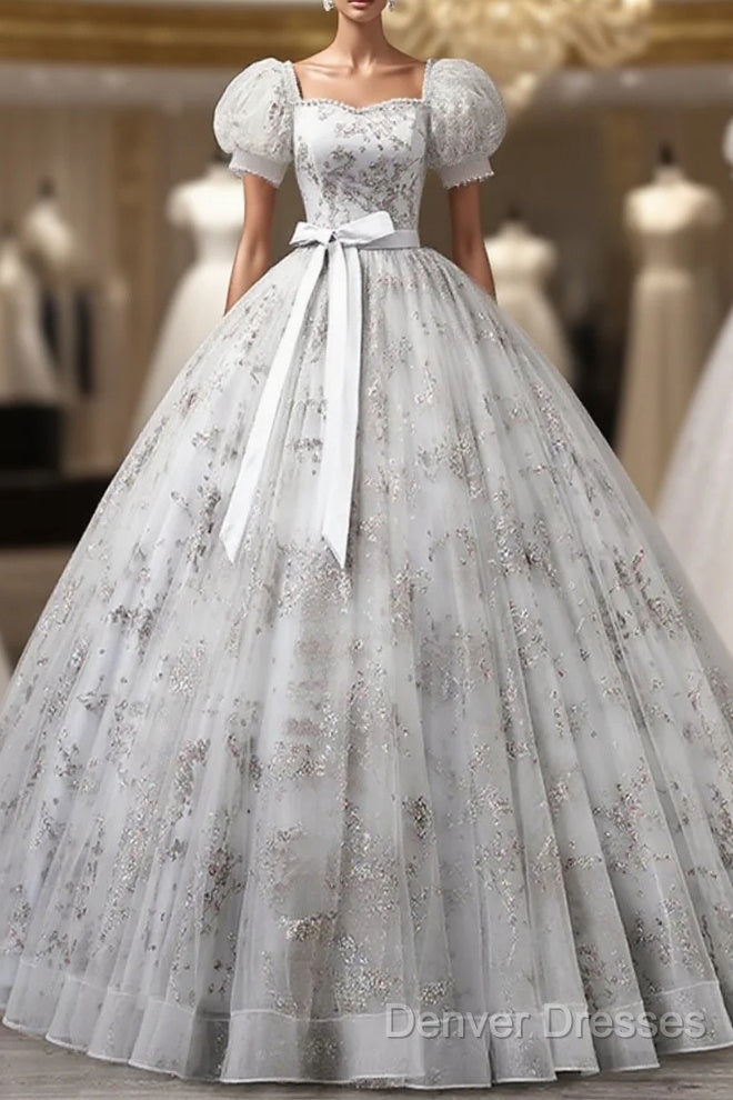 Lovely Light Grey Tulle Sequins Long Prom Dress, A-Line Grey Evening Party Dress Main image