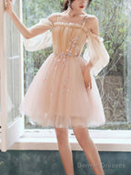 Lovely Light Pink And Champagne Short Prom Dress With Lace Applique. Short Homecoming Dresses