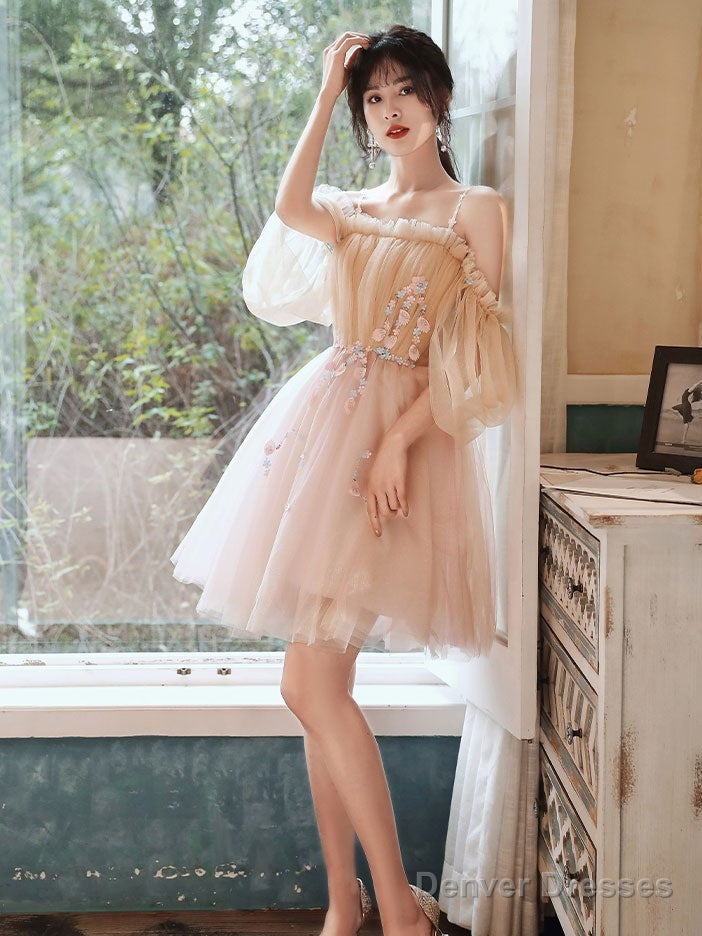 Lovely Light Pink And Champagne Short Prom Dress With Lace Applique. Short Homecoming Dresses Main image