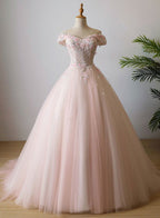 Lovely Light Pink Sweetheart Flowers Tulle Party Dress, Pink Prom Dress