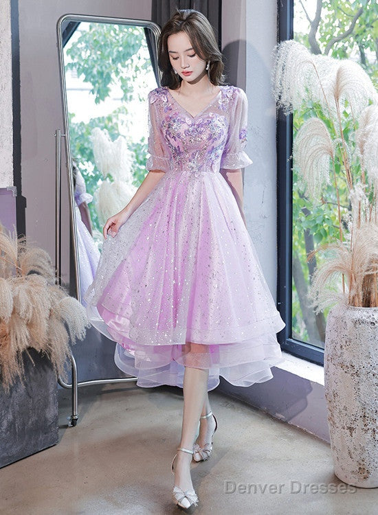 Lovely Light Purple High Low Tulle With Lace Party Dress, Short Sleeves Homecoming Dresses Main image