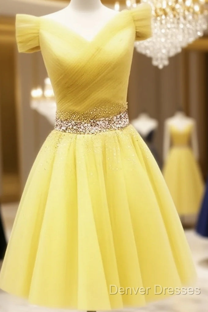 Lovely Light Yellow Short Tulle Off Shoulder Homecoming Dress