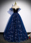 Lovely Navy Blue Tulle Off Shoulder Beaded Long Party Dress, Navy Blue Tulle Prom Dress