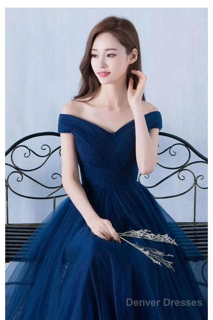 Lovely Navy Blue Tulle Off Shoulder Long Prom Dress , Tulle Bridesmaid Dresses