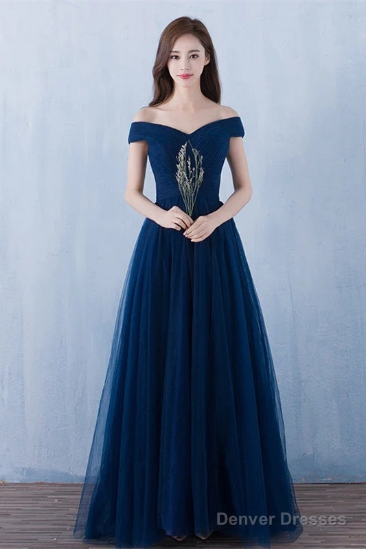 Lovely Navy Blue Tulle Off Shoulder Long Prom Dress , Tulle Bridesmaid Dresses Main image