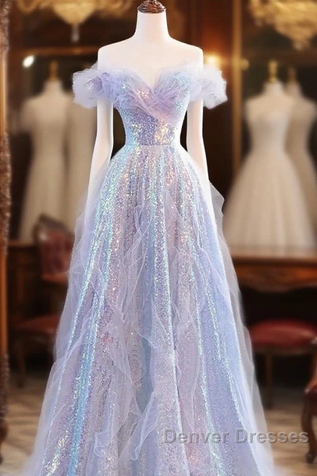 Lovely Off Shoulder A-Line Tulle And Sequins Prom Dress, Sweetheart Long Evening Dress