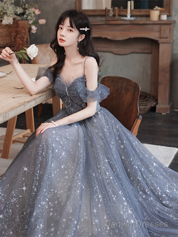 Lovely Off Shoulder Beaded Tulle Prom Dress Party Dress, Beaded A-Line Evening Dresses Secondary image