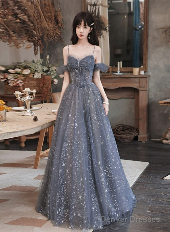 Lovely Off Shoulder Beaded Tulle Prom Dress Party Dress, Beaded A-Line Evening Dresses Main image