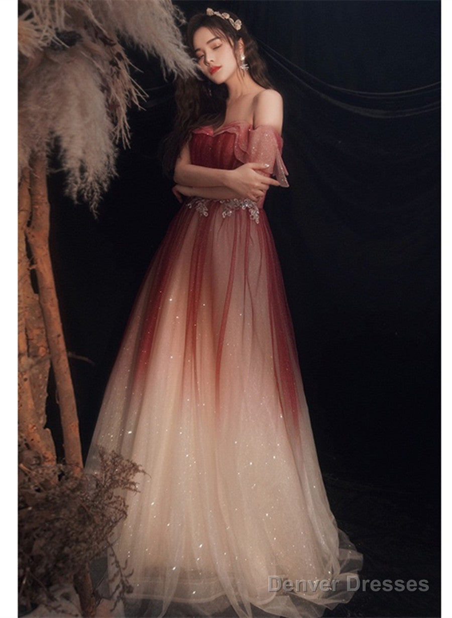 Lovely Off Shoulder Gradient Long Formal Dress, Shiny Tulle Red Party Dress Secondary image