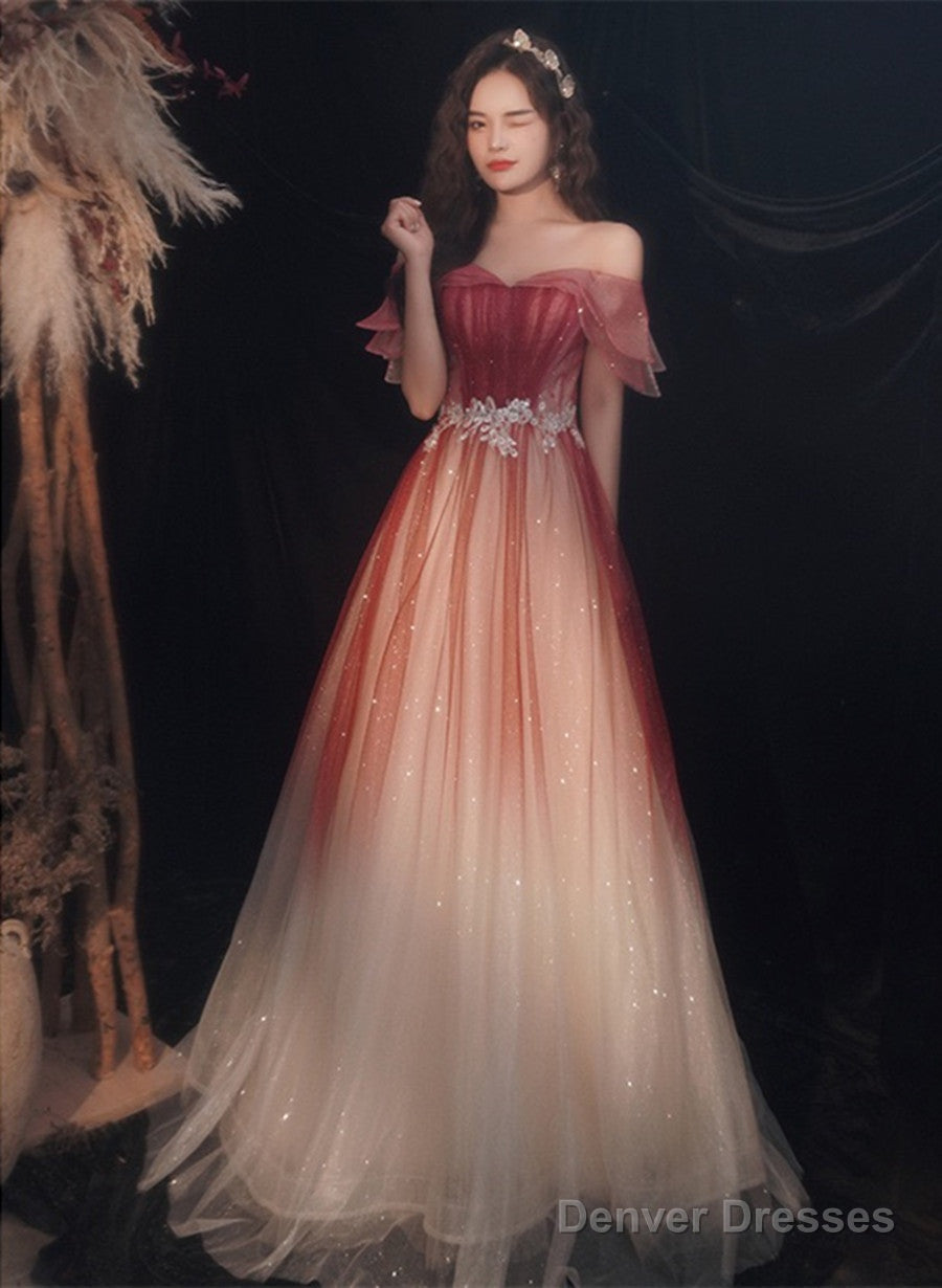 Lovely Off Shoulder Gradient Long Formal Dress, Shiny Tulle Red Party Dress Main image