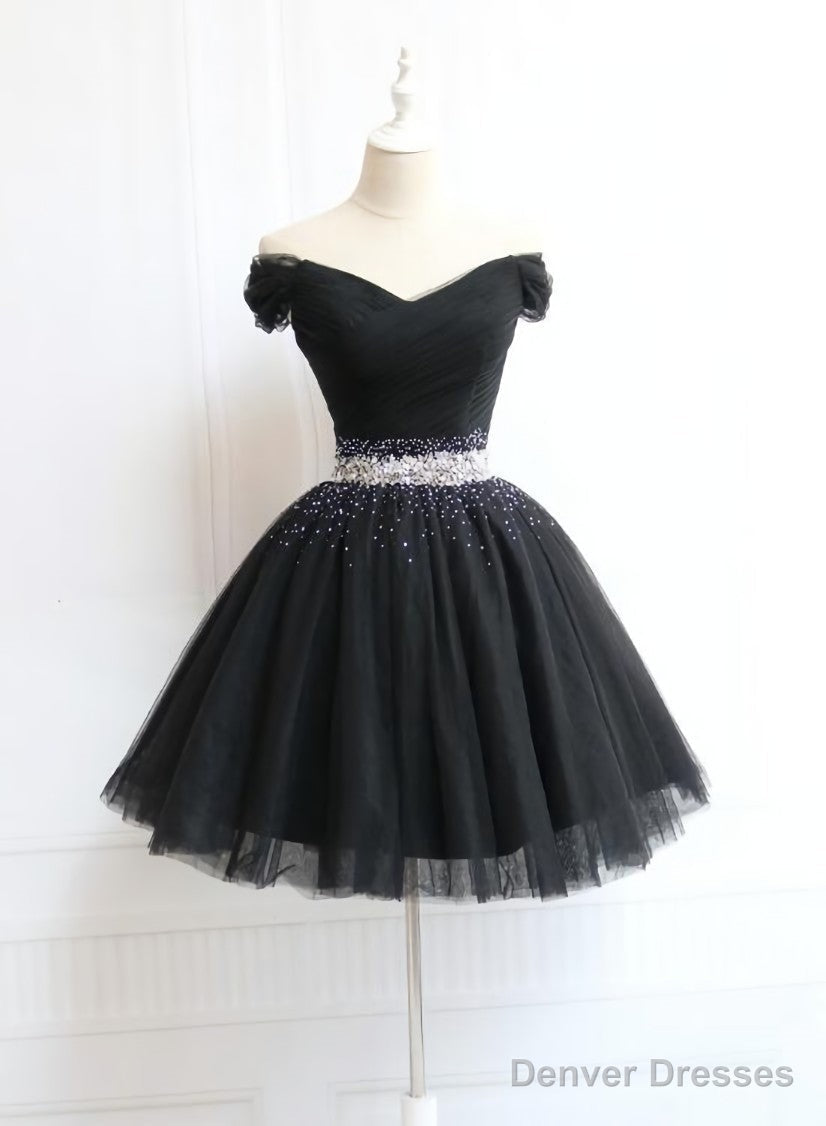 Lovely Off Shoulder Navy Blue Beaded Homecoming Dress, Short Prom Dress Main image