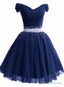 Lovely Off Shoulder Navy Blue Beaded Homecoming Dress, Short Prom Dress