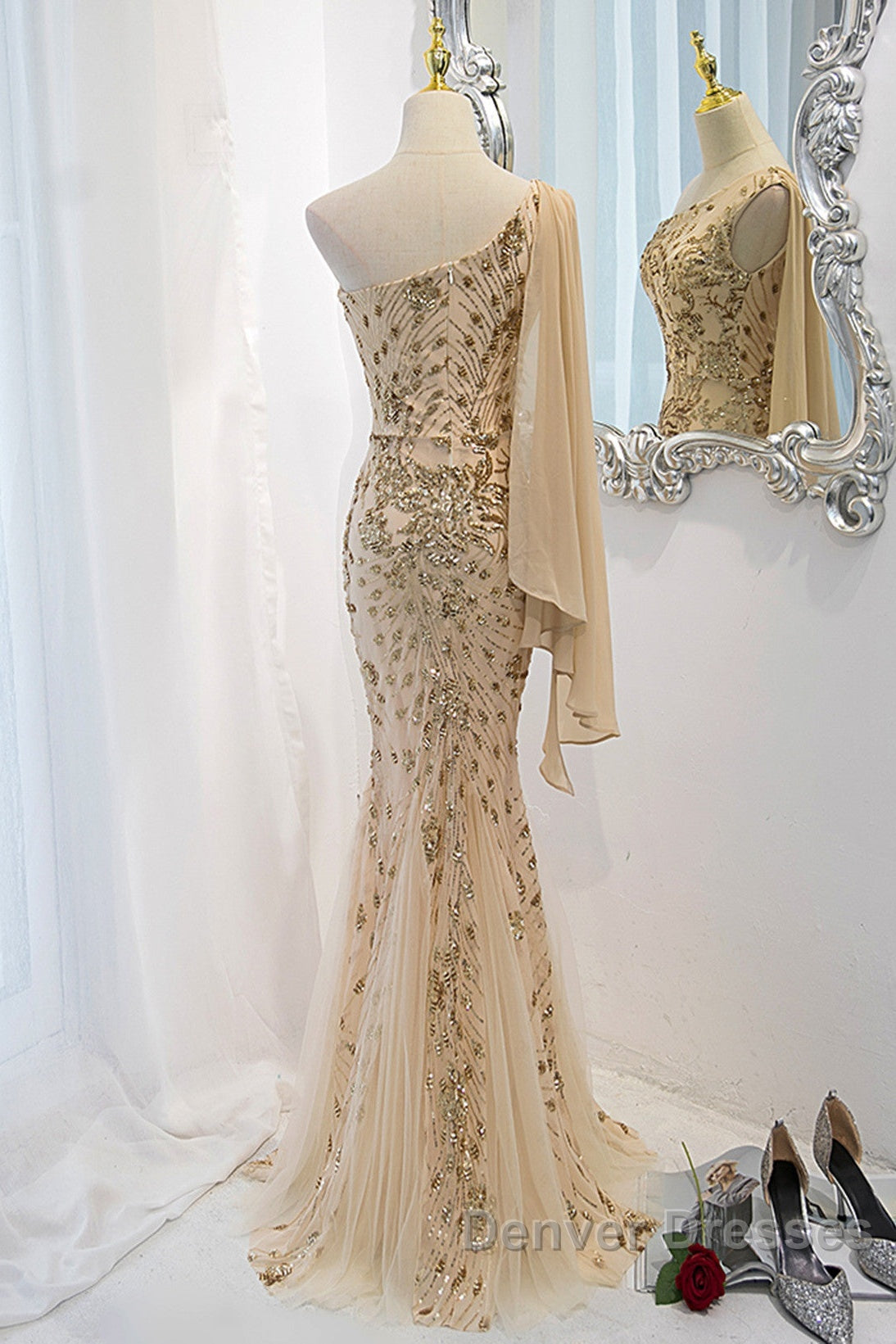 Lovely One Shoulder Champagne Sequins Mermaid Prom Dress, Champagne Evening Dress Secondary image