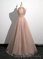 Lovely Pearl Pink Halter Tulle with Lace Applique Party Dress, A-line Tulle Long Prom Dress