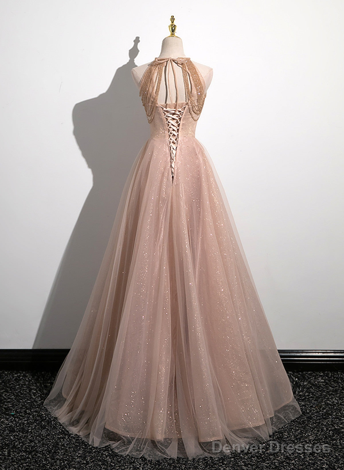 Lovely Pearl Pink Halter Tulle with Lace Applique Party Dress, A-line Tulle Long Prom Dress