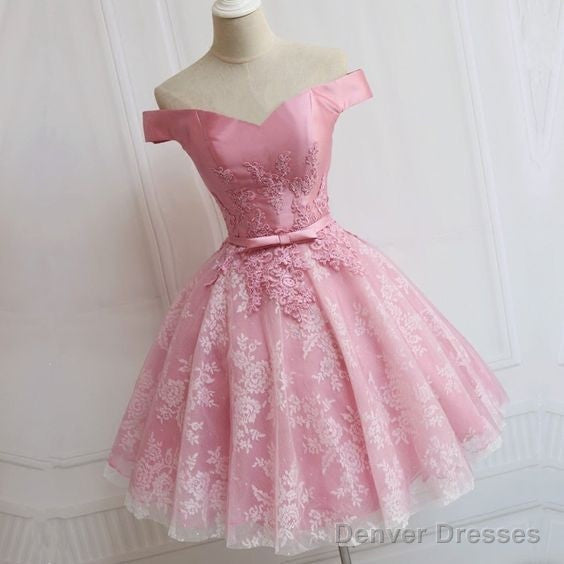 Lovely Pink  A-Line Off-Shoulder Sweetheart Lace Appliques Bow Sash Knee Length Homecoming Dress Main image