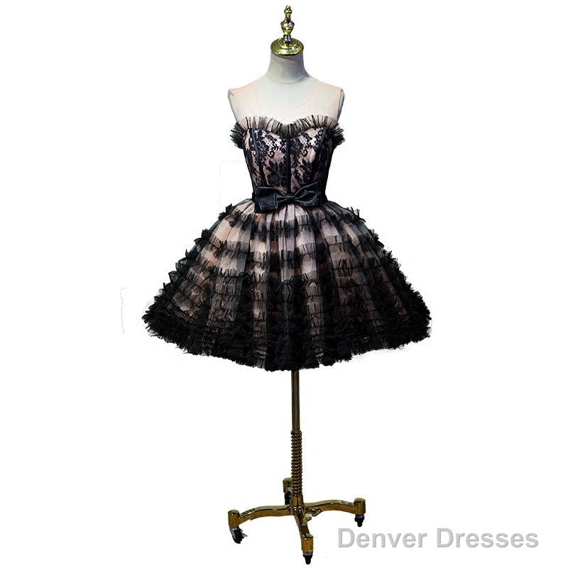 Lovely Pink And Black Short Party Dress With Bow, Cute Black Homecoming Dresses