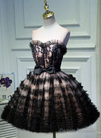 Lovely Pink And Black Short Party Dress With Bow, Cute Black Homecoming Dresses