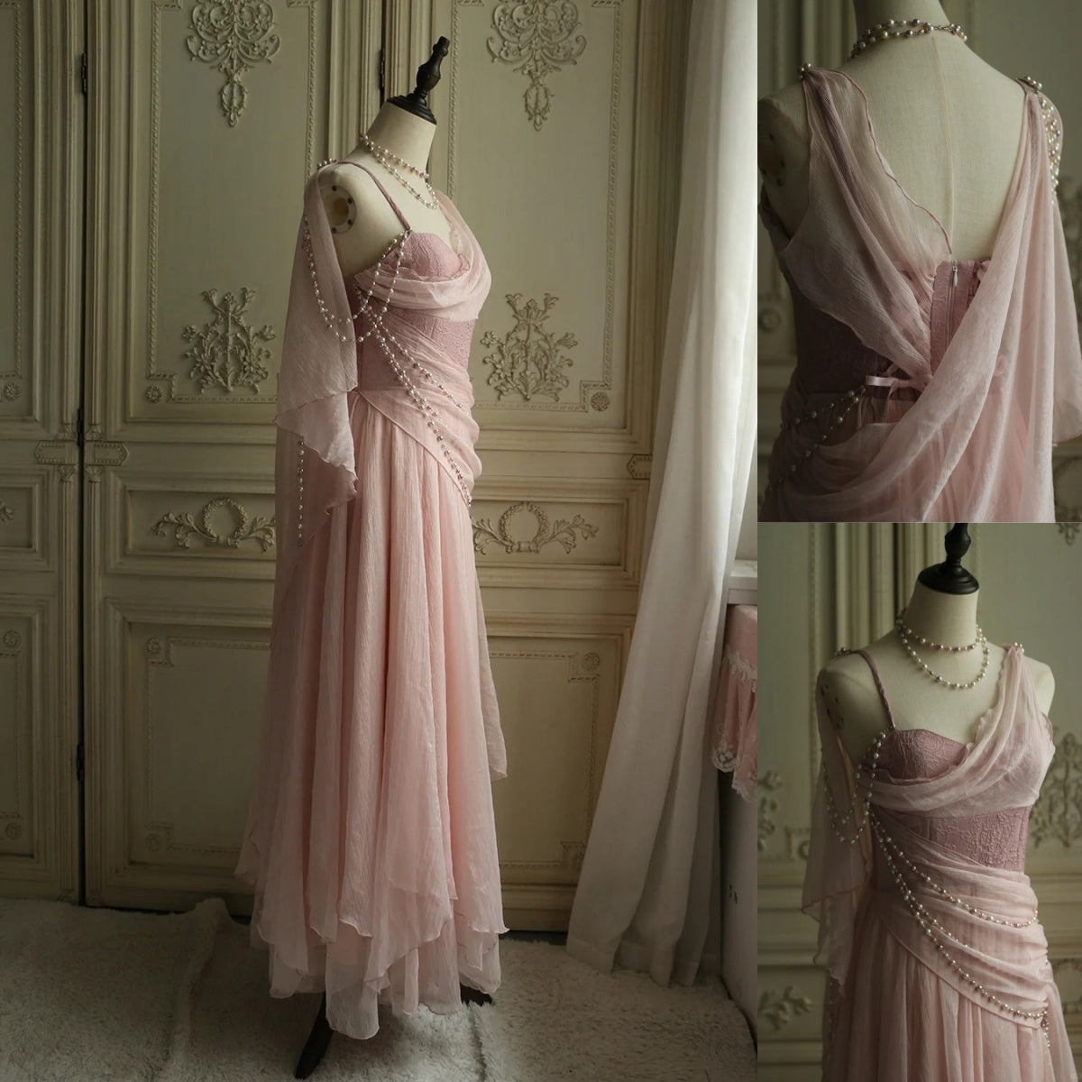 Affordable Prom Dress Under $165||Lovely Pink Chiffon Prom Dress Princess Pearls Spaghetti Straps Evening Dress Secondary image