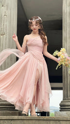 Affordable Prom Dress Under $165||Lovely Pink Chiffon Prom Dress Princess Pearls Spaghetti Straps Evening Dress