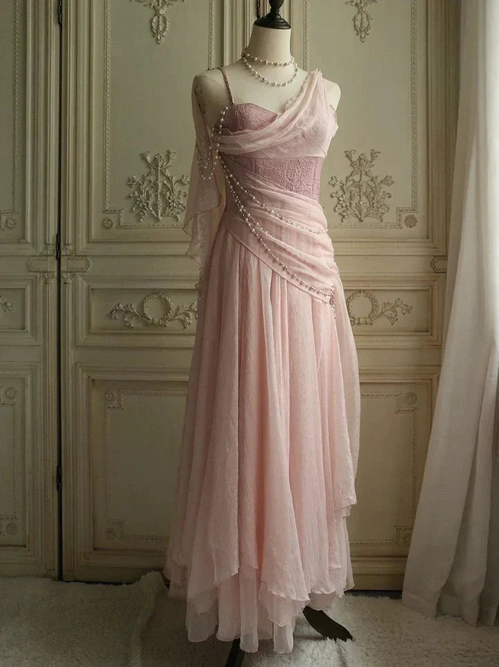 Affordable Prom Dress Under $165||Lovely Pink Chiffon Prom Dress Princess Pearls Spaghetti Straps Evening Dress Main image