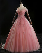 Lovely Pink Floral Tulle Off Shoulder Flowers Princess Gown, Pink Sweet 16 Formal Dresses