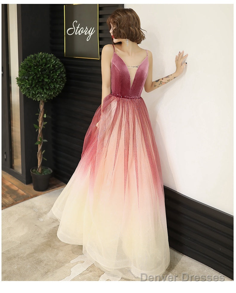 Lovely Pink Gradient Velvet Top Long Evening Dress, A-Line Pink Tulle Prom Dress Party Dress