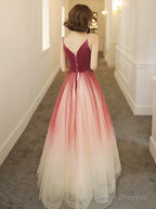 Lovely Pink Gradient Velvet Top Long Evening Dress, A-Line Pink Tulle Prom Dress Party Dress