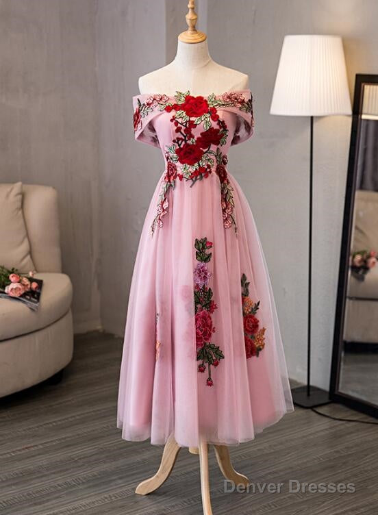 Lovely Pink Off Shoulder Tea Length Formal Dress, Cute Party Dress Main image