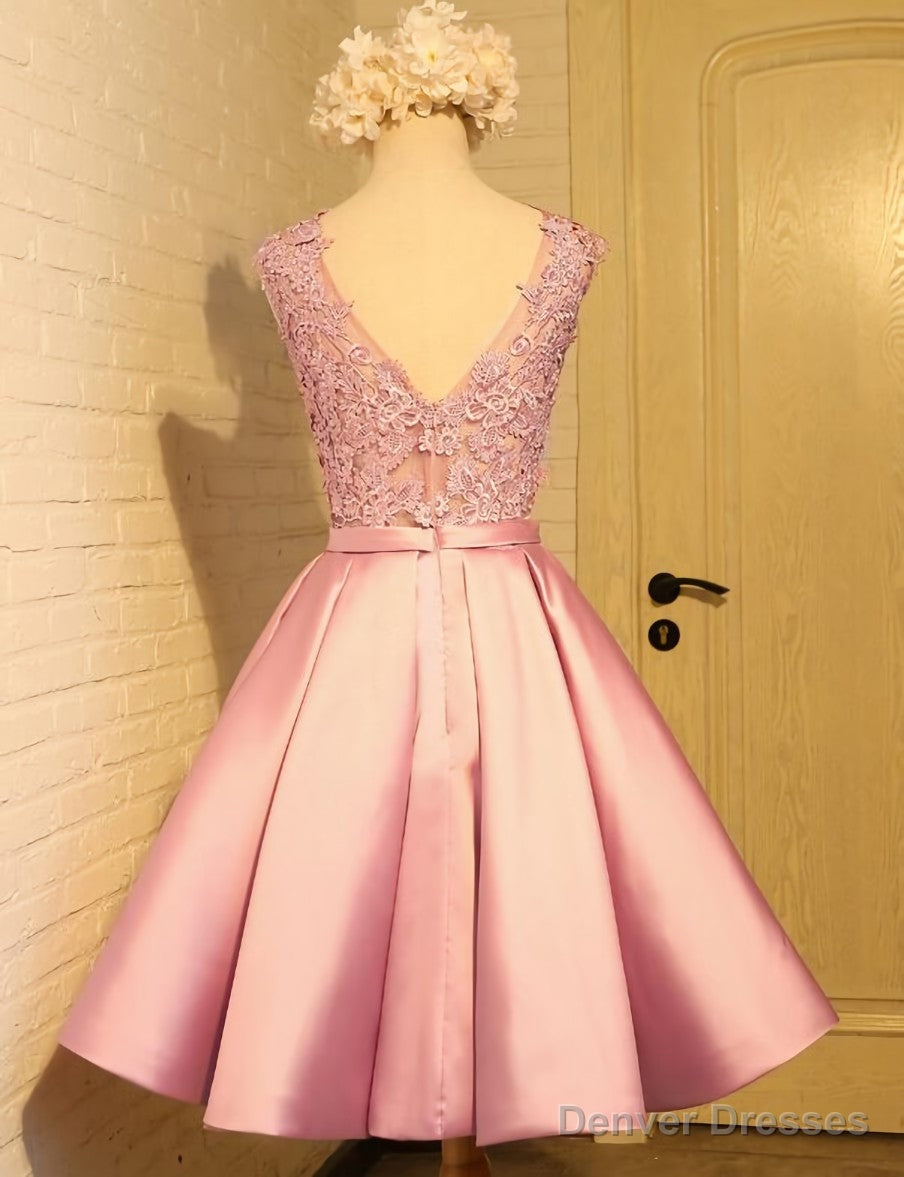 Lovely Pink Satin and Lace Homecoming Dress, Lovely Formal Dress Main image