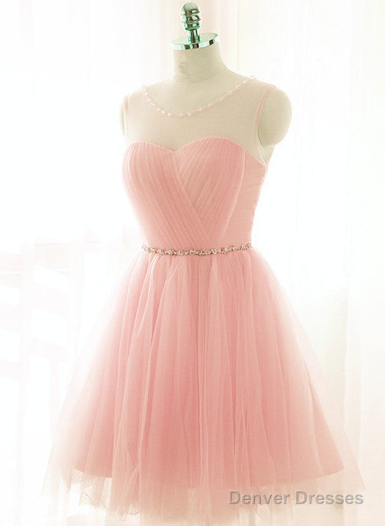 Lovely Pink Short Tulle Beaded Graduation Dresses, Pink Knee Length Prom Dress, Party Dresses Main image