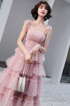 Lovely Pink Straps Layers Tea Length Wedding Party Dress, Pink Formal Dress