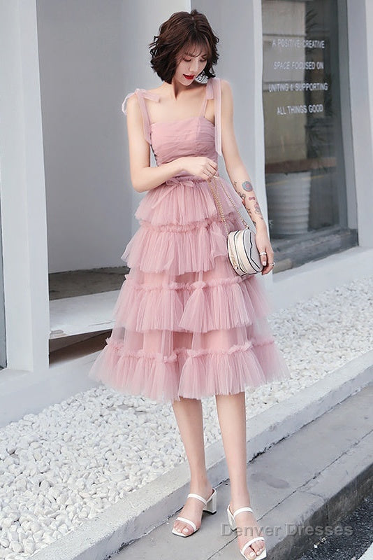 Lovely Pink Straps Layers Tea Length Wedding Party Dress, Pink Formal Dress