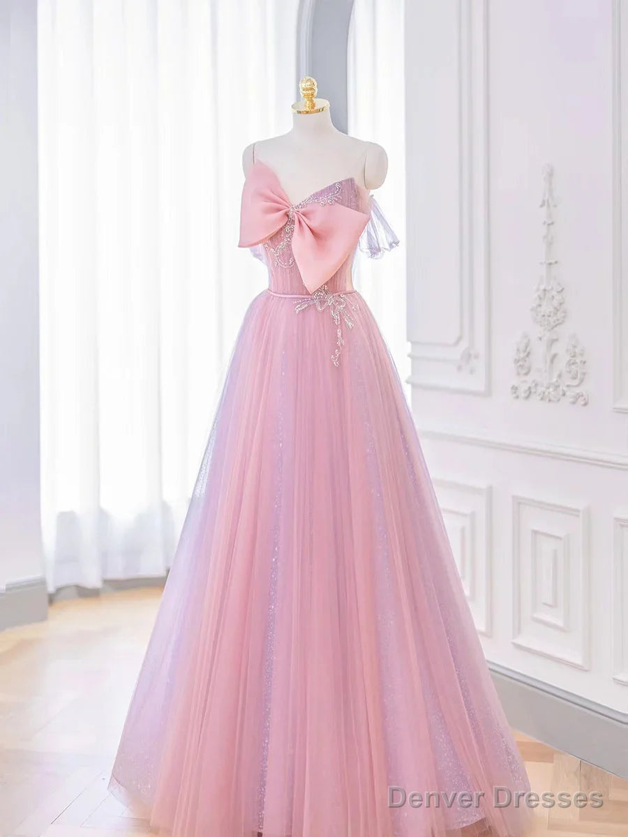 Lovely Pink Tulle Long Prom Dress with Bow Pink Formal Dresses prom dresses shops Main image