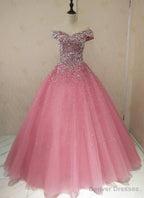 Lovely Pink Tulle Off Shoulder Sweet 16 Party Dress, Long Formal Gown