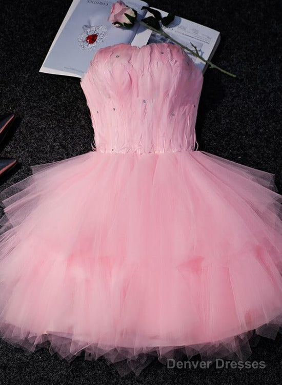 Lovely Pink Tulle Short Party Dress With Feather, Cute Pink Homecoming Dress