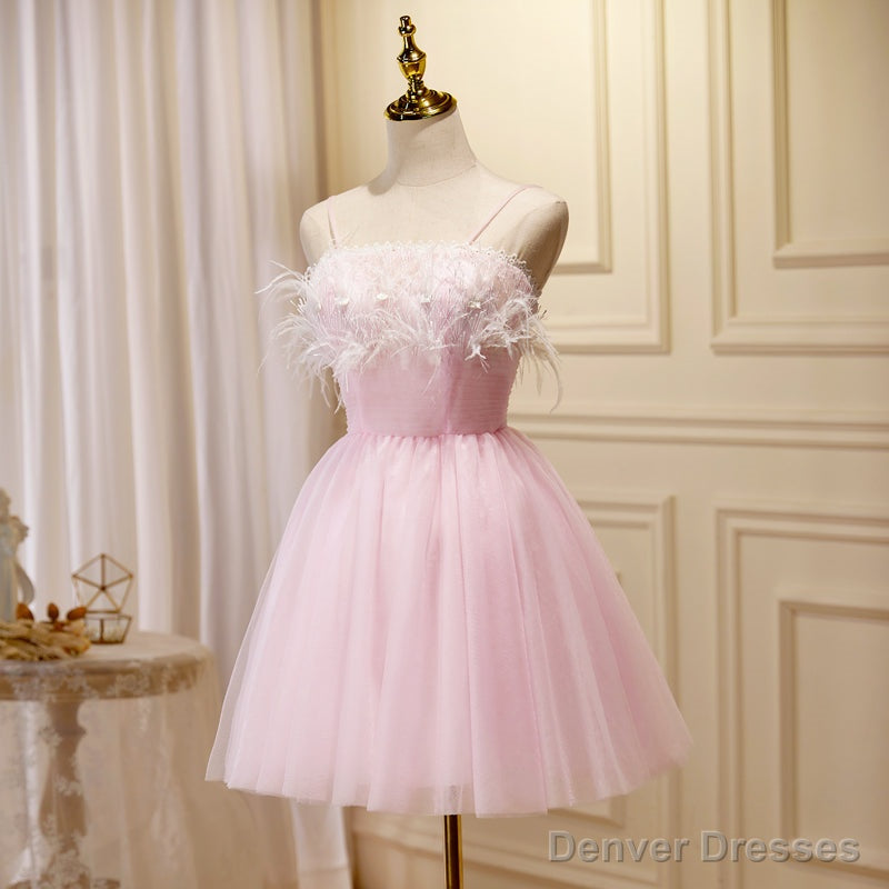 Lovely Pink Tulle Straps Knee Length Party Dresses, Pink Short Prom Dresses Main image