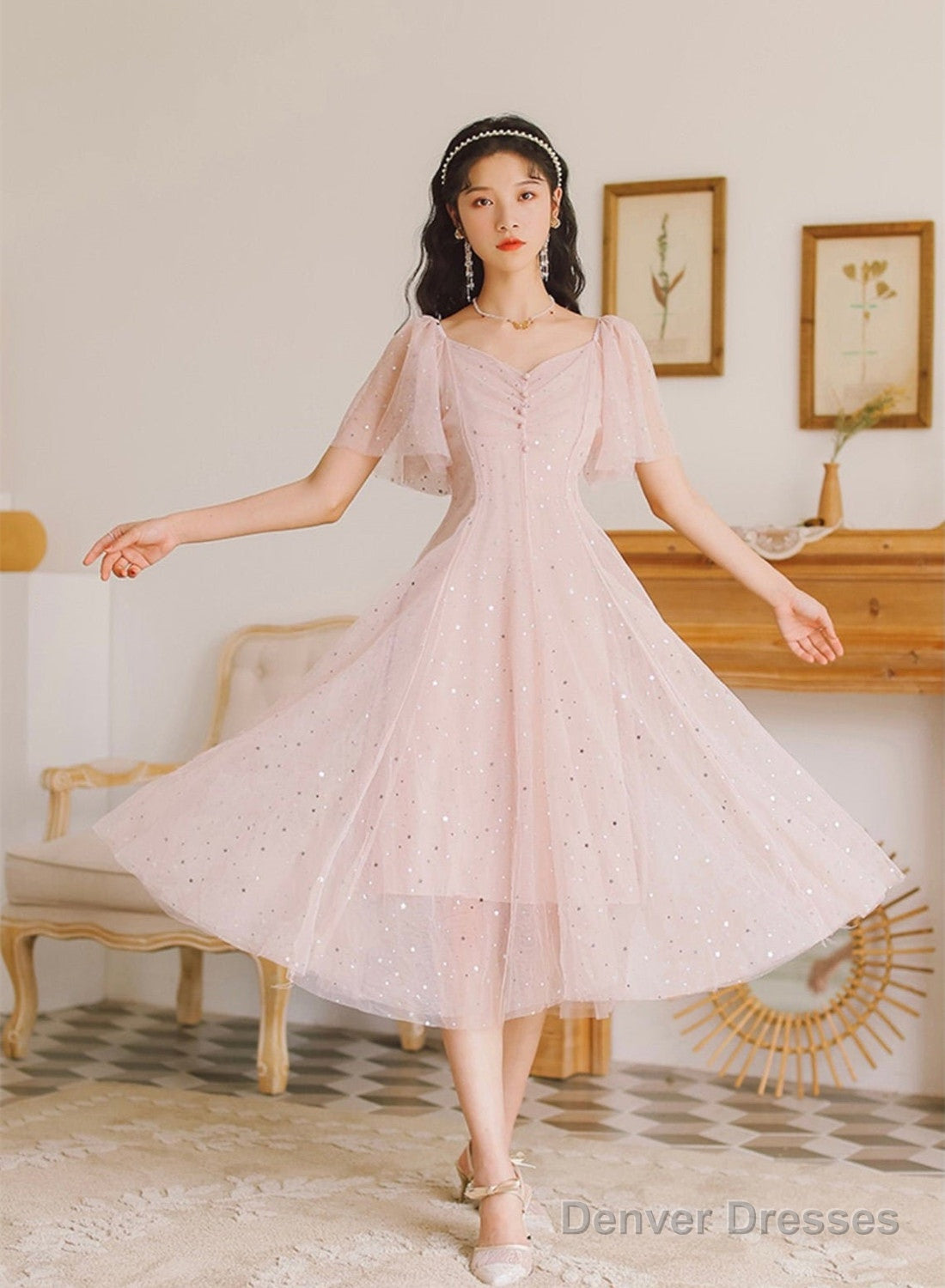 Lovely Pink Tulle V-Neckline Puffy Sleeves Party Dress, Pink Short Prom Dress Main image