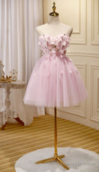 Lovely Pink Tulle with Flowers Short Party Dress, Pink Tulle Homecoming Dresses